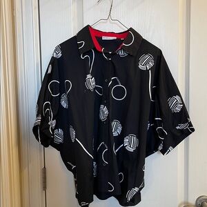 Patrizia Luca Black Shirt with White Patterns and Red Collar